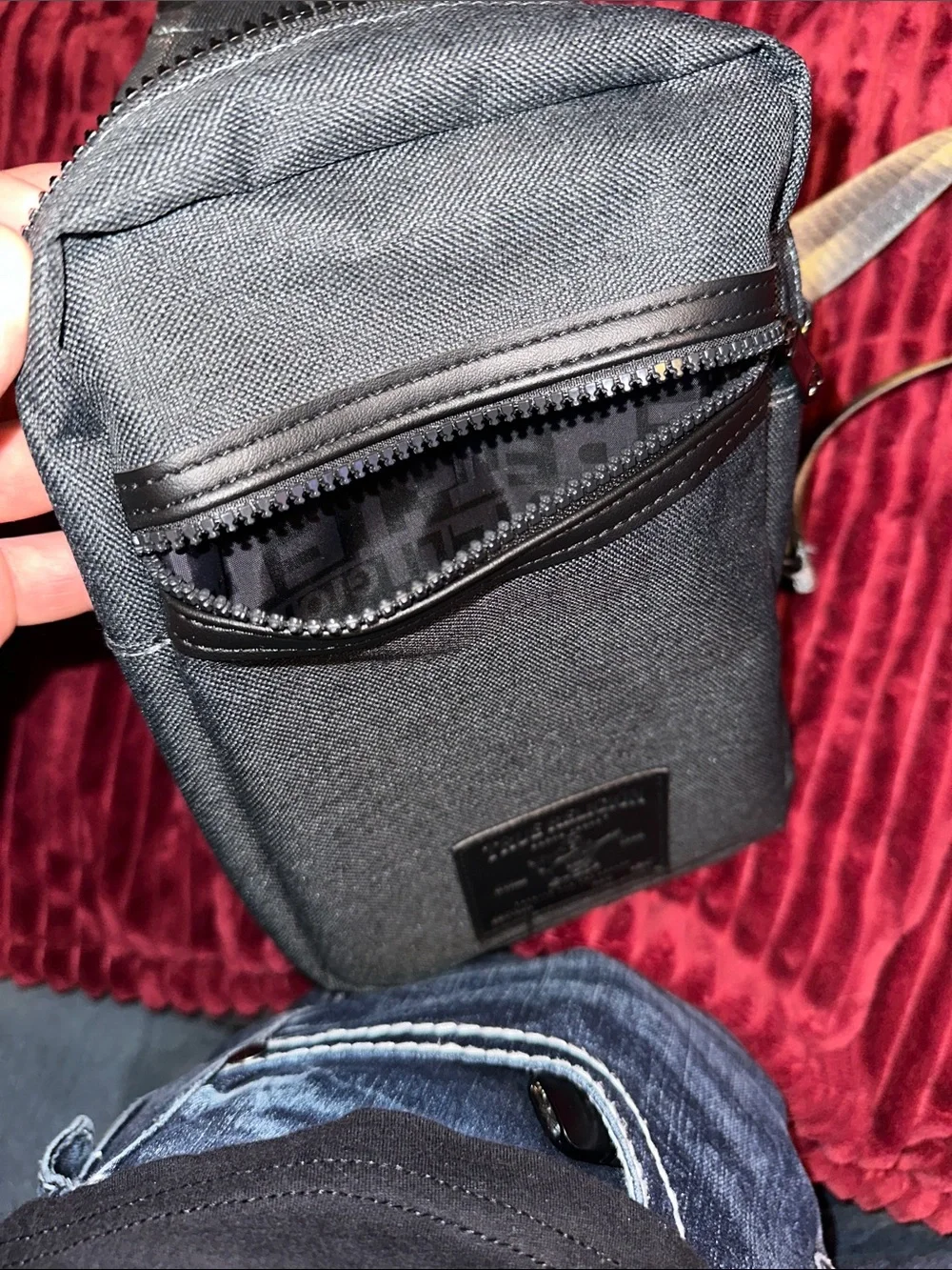 True Religion Black Sling Crossbody Bag with Silver Strap